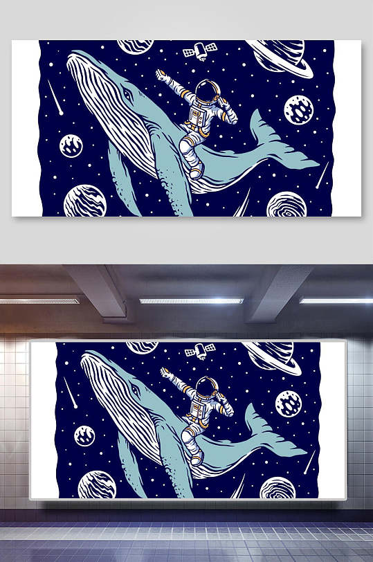 鲸鱼星球探险宇航员矢量插画