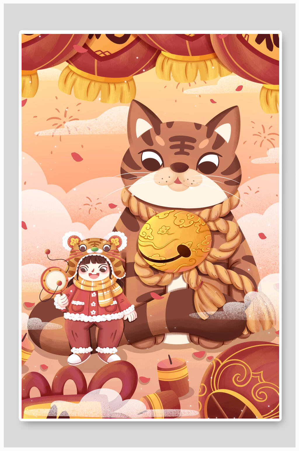 卡通手绘祥云灯笼虎年国潮插画素材