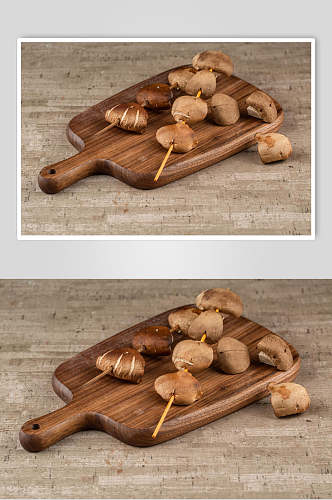 新鲜香菇木桌面烫菜摆拍图片