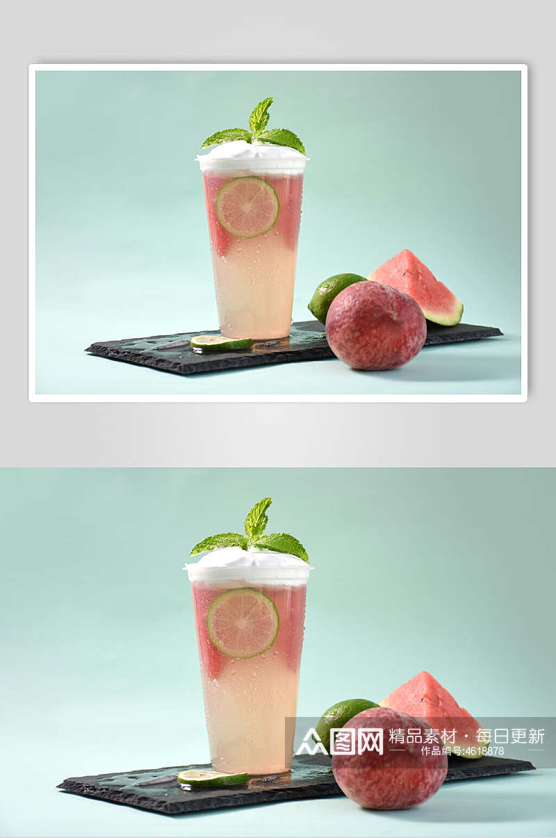 西瓜桃子清新奶茶饮品摄影图片素材