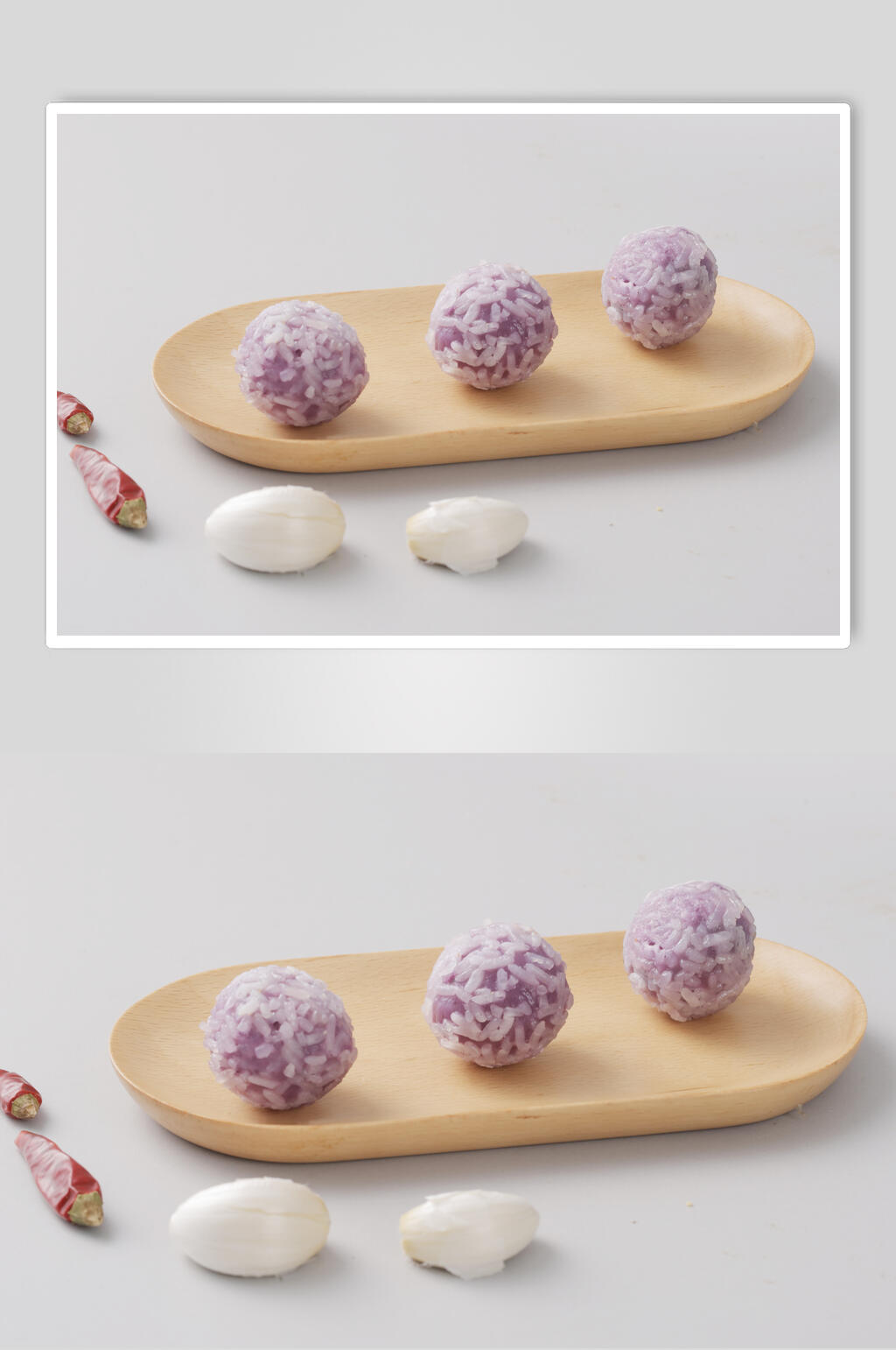 美味紫薯丸子简约木盘底烫菜图片素材