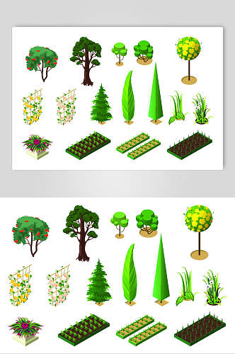 创意树木花朵二点五等距绿植矢量素材
