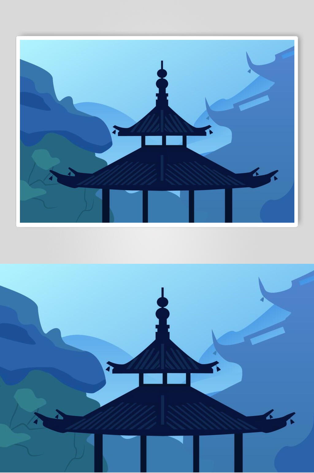 蓝色古建筑插画素材