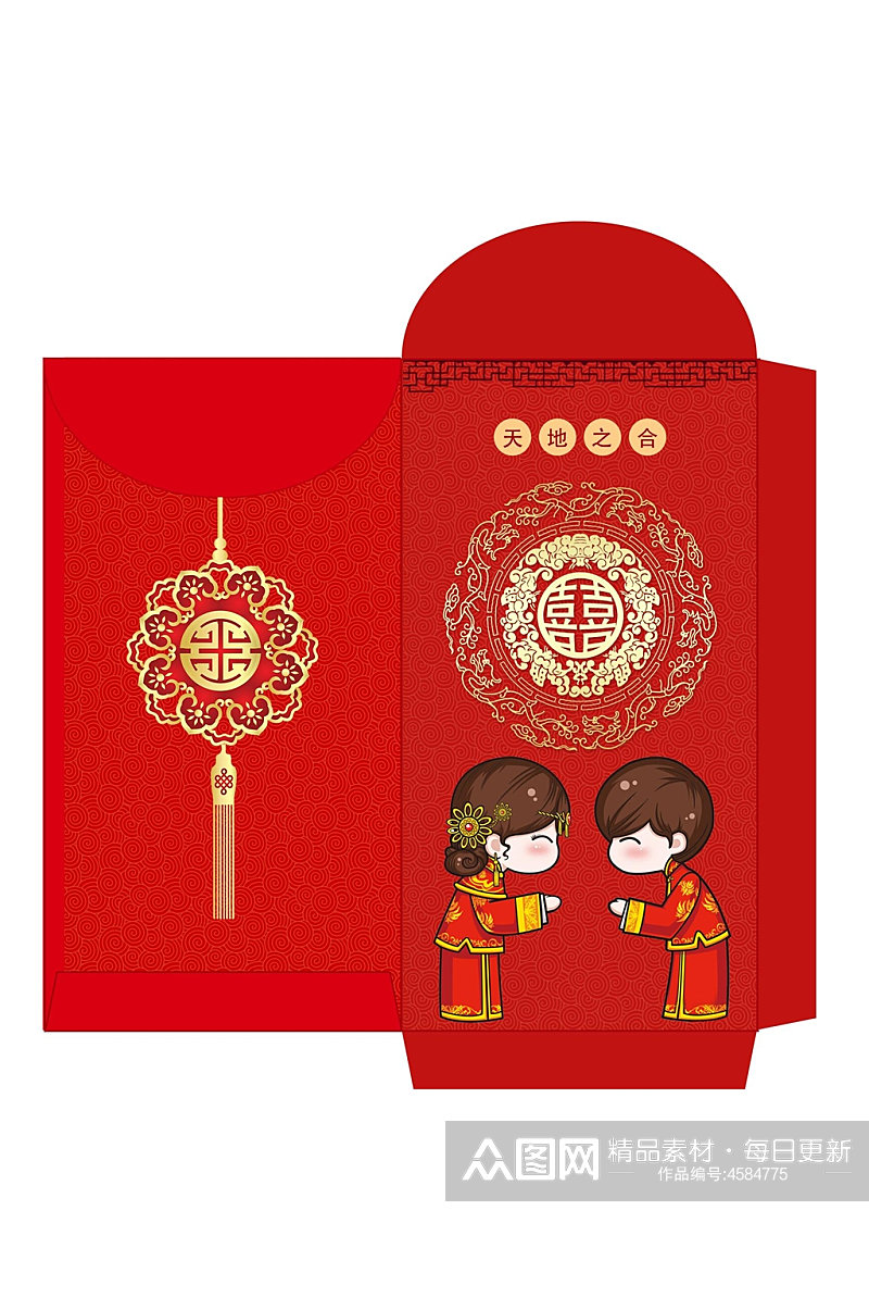 红色新人结婚喜春节红包包装设计素材