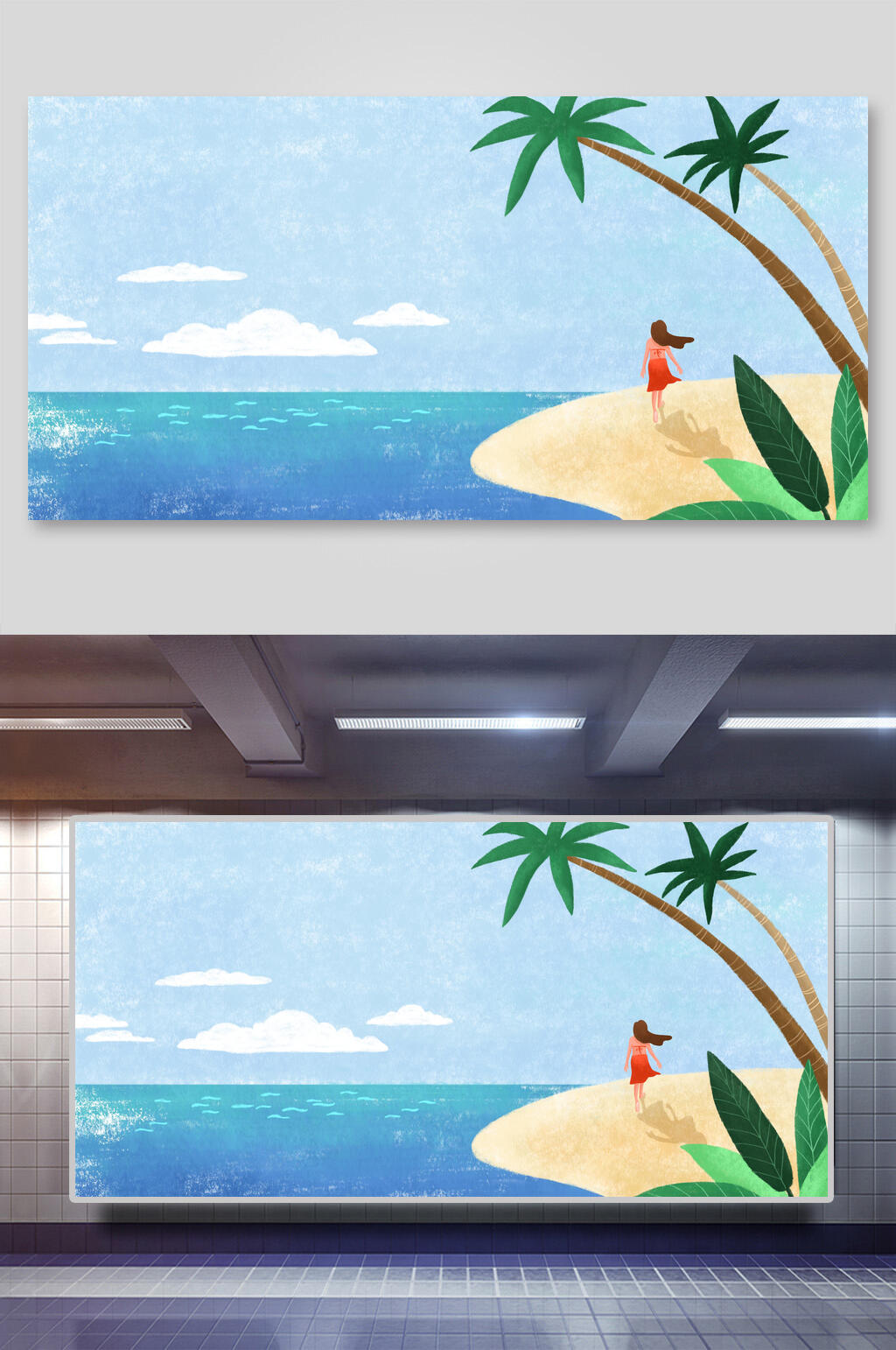 拉她海边插画风景背景素材