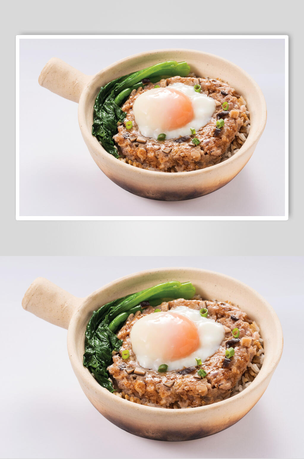 简约荷包蛋青菜煲仔饭图片素材