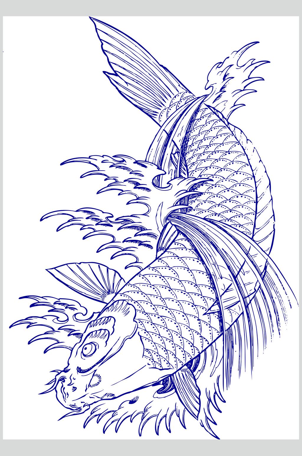 蓝色锦鲤线描矢量素材素材