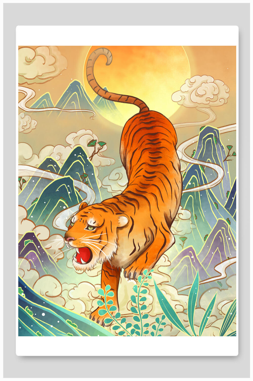 简约猛虎国潮虎年祝福插画素材