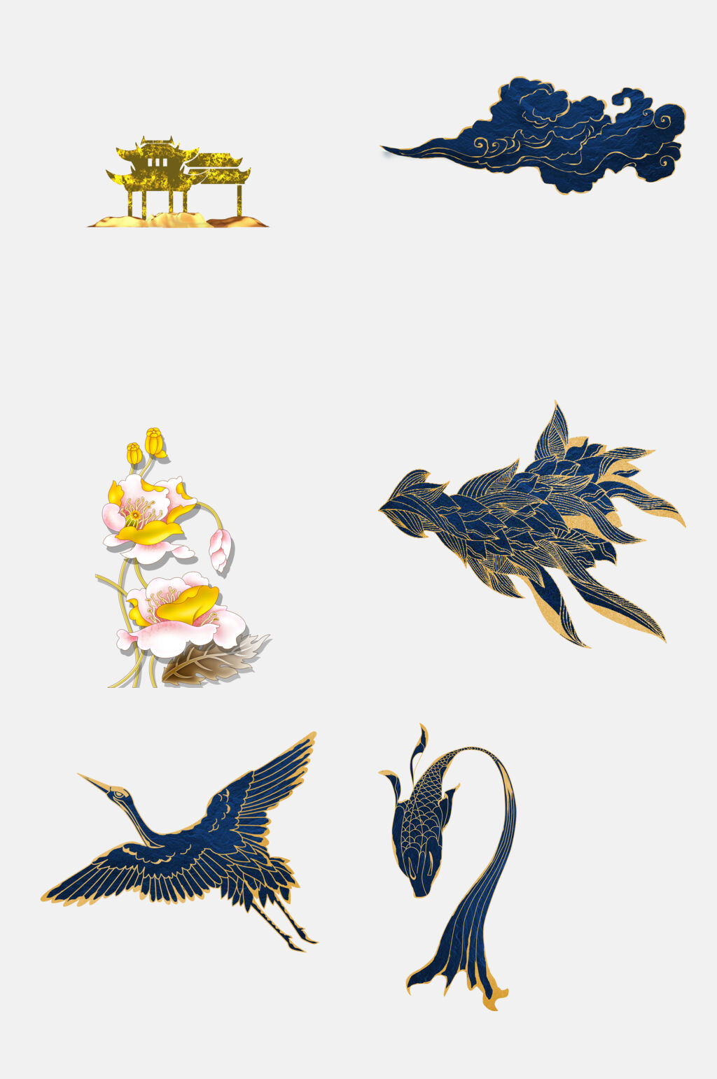 蓝金花卉国潮风山水仙鹤免抠素材素材