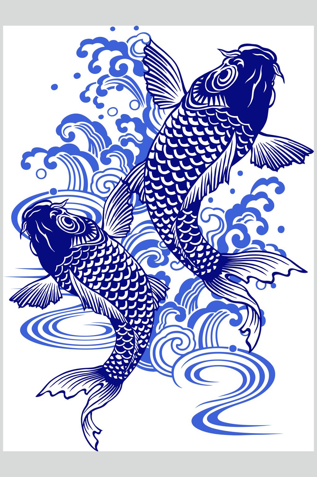双鱼锦鲤线描矢量素材素材