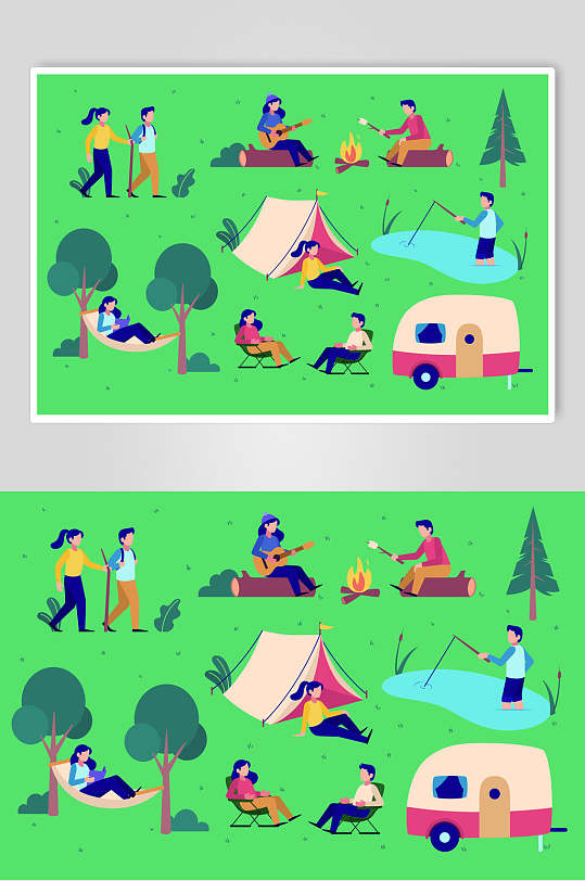 绿树野餐露营插画矢量素材