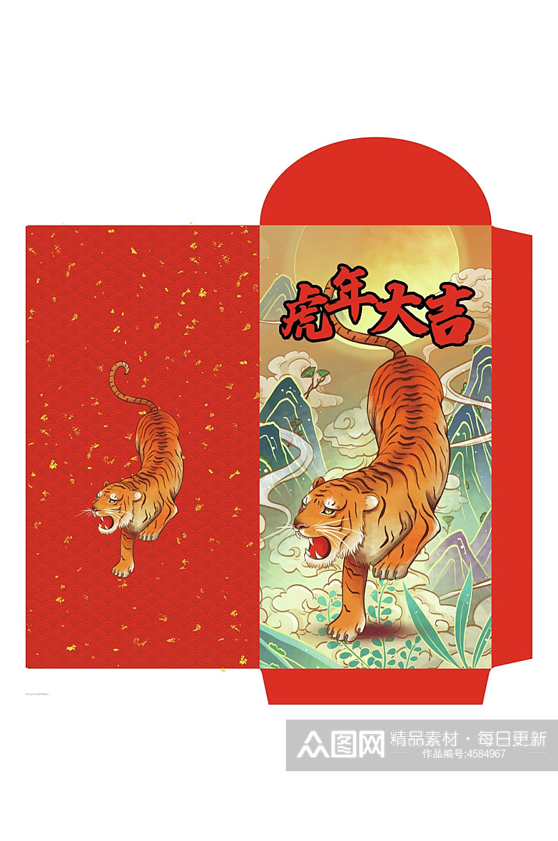 红色国潮风虎年大吉春节红包包装设计素材