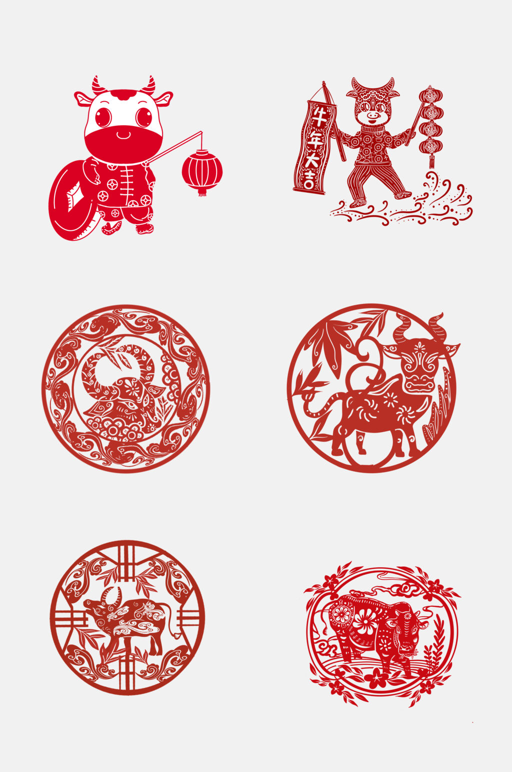 精美剪纸牛年窗花免抠素材素材