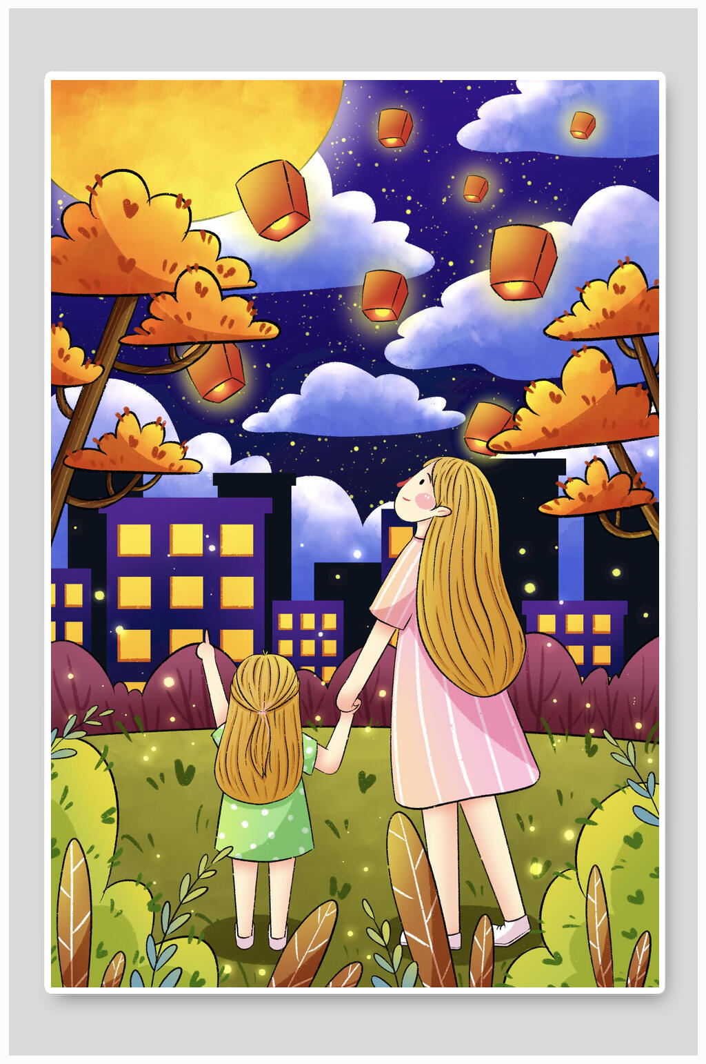 手绘卡通唯美中秋插画素材