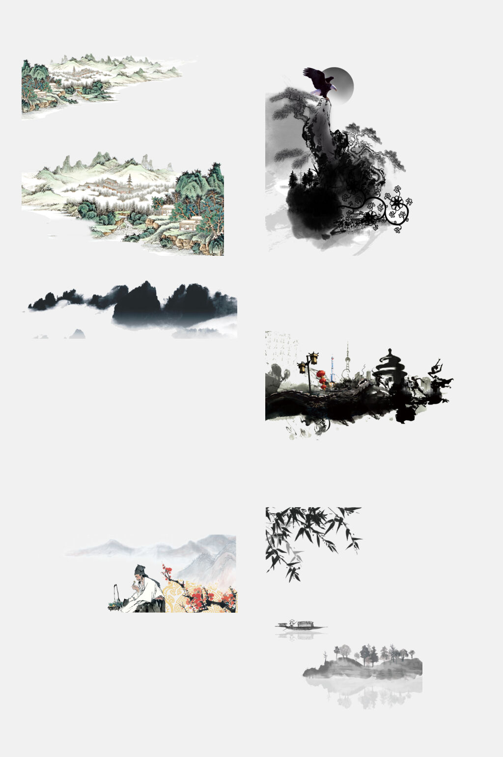 清新荷花水墨山水免抠素材素材