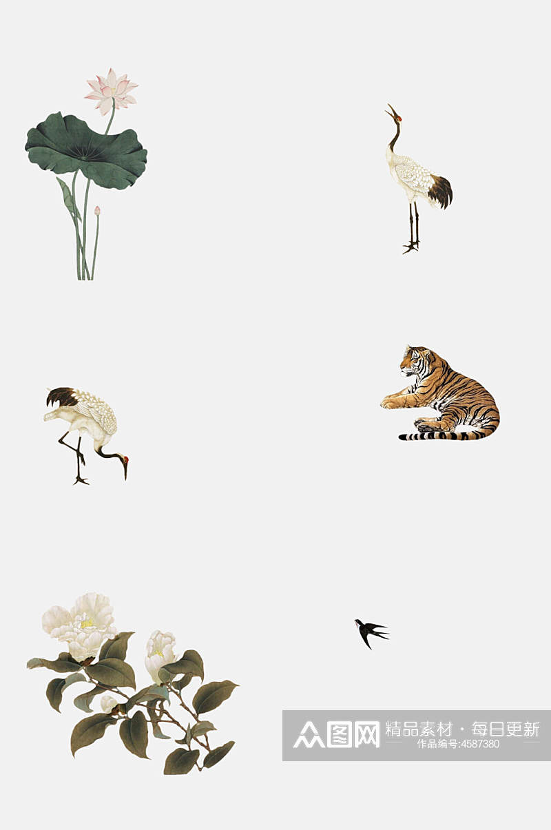 创意花朵仙鹤动植物工笔画免抠素材素材