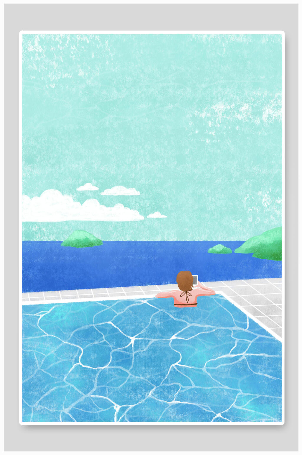 清新海边插画风景背景素材素材