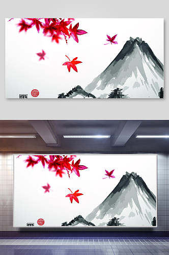 红色枫叶中国风水墨山水矢量插画
