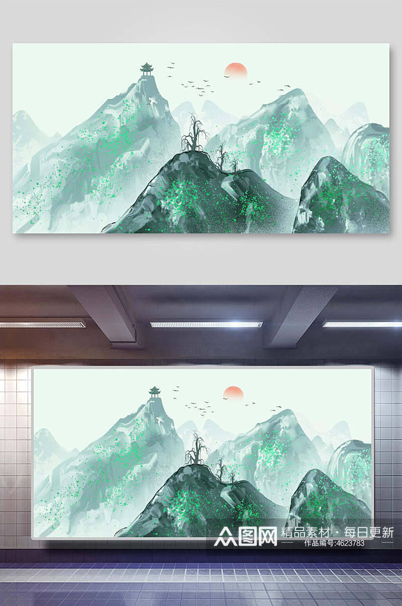 青色中国山水插画素材