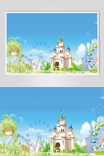 大气城堡摩天轮卡通自然背景图