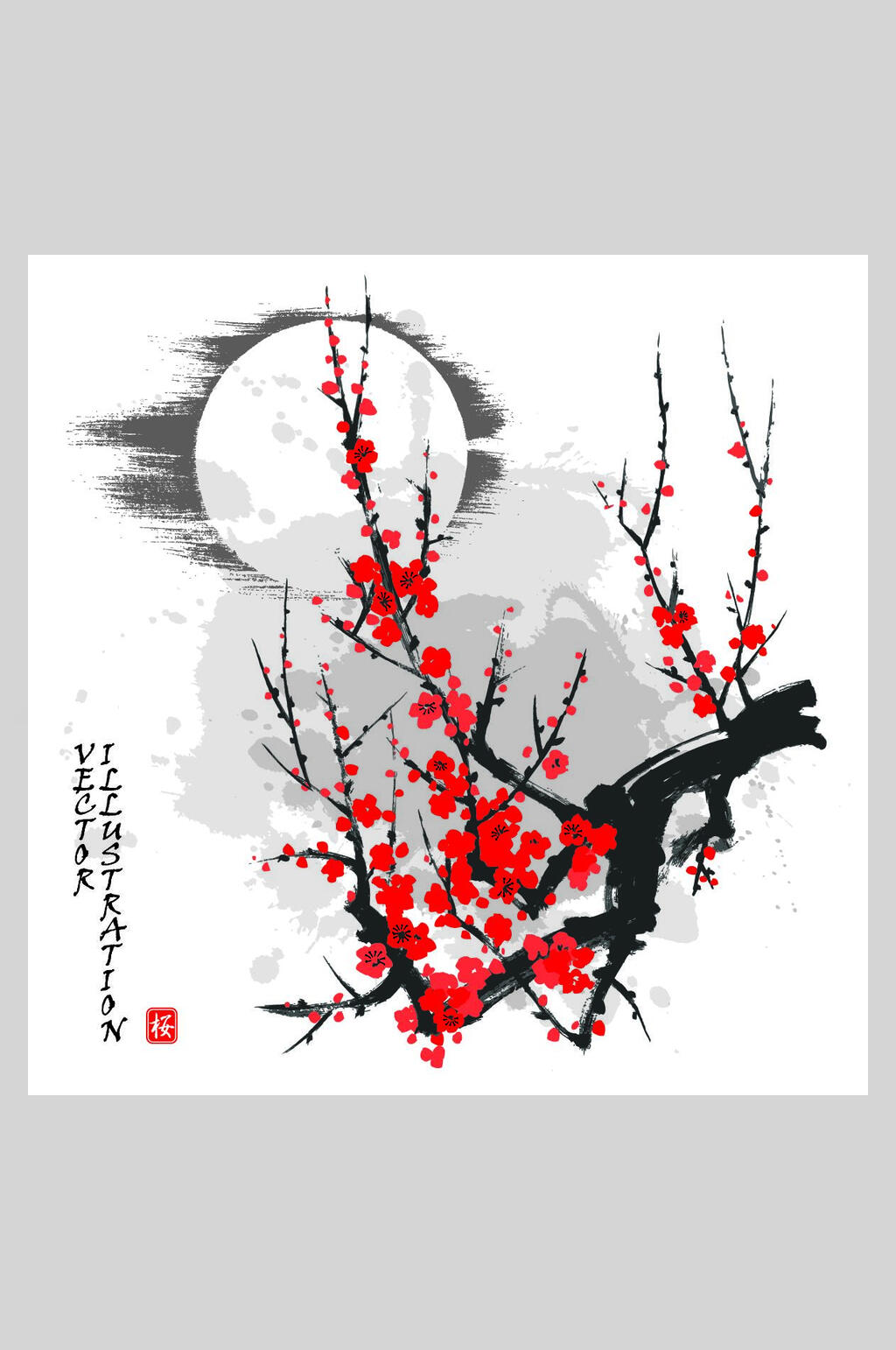 梅花简约中国风水墨山水矢量插画素材
