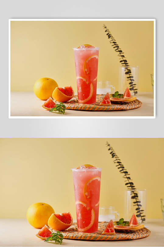 鲜榨红心西柚水果饮品摄影图