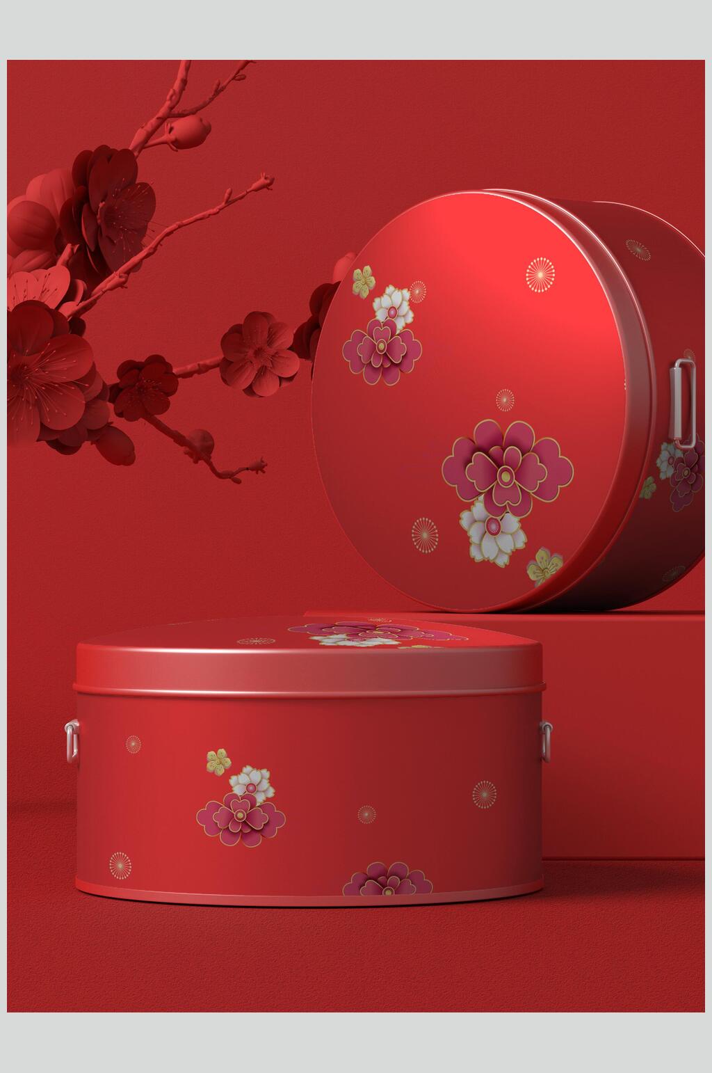 红色花朵高档新年包装VI样机素材