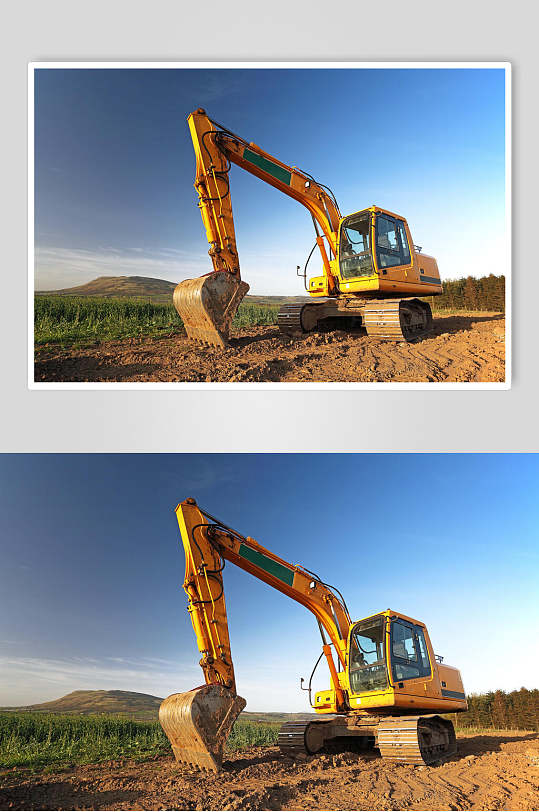 黄色单臂小型挖掘机摄影图