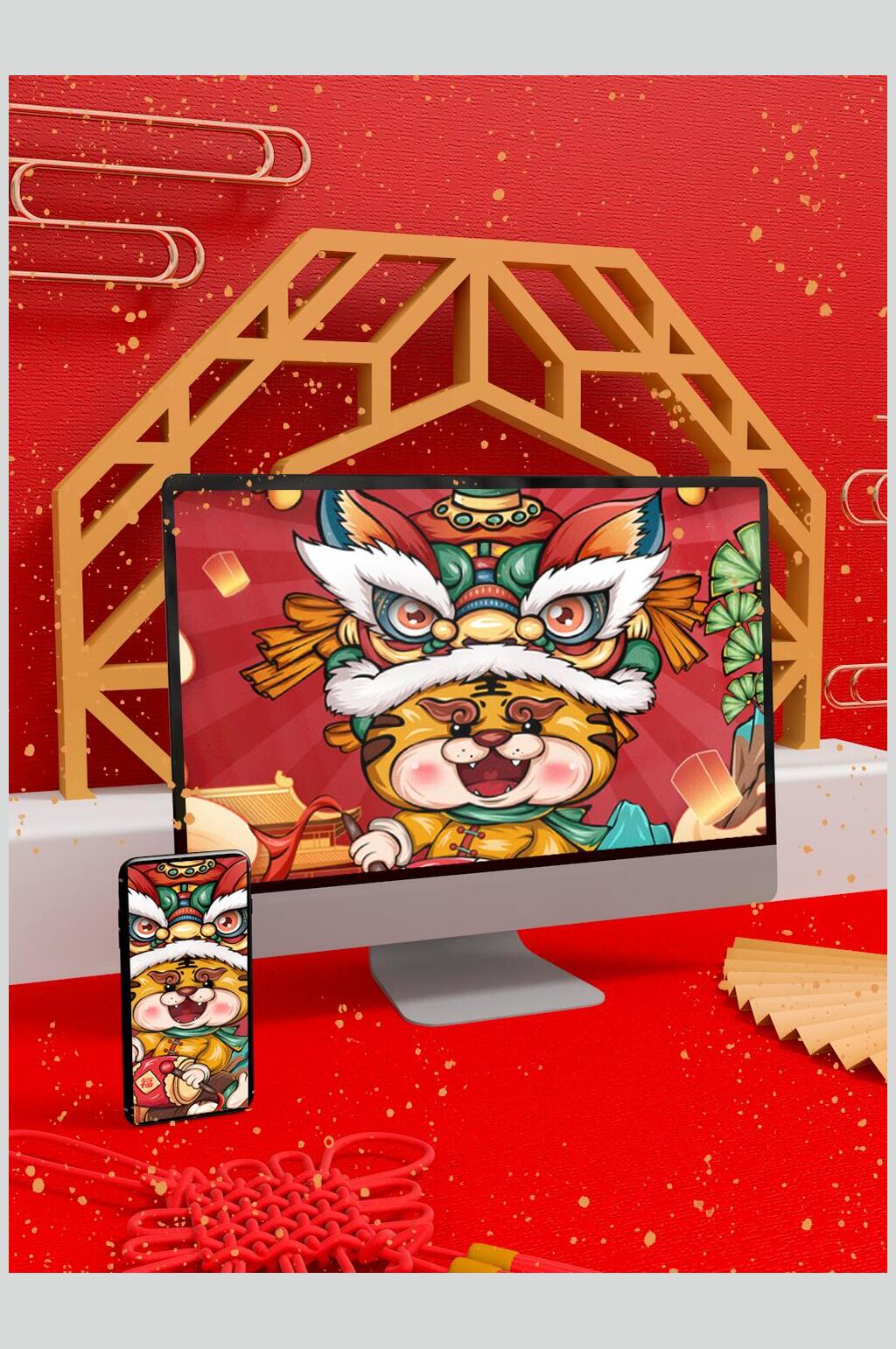 红色中国结高档新年包装VI样机素材
