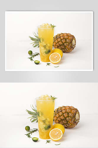 鲜榨玻璃凤梨果汁水果饮品摄影图