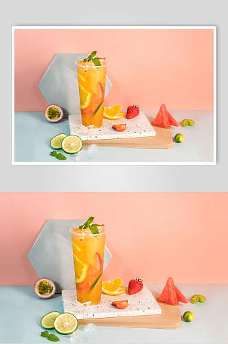 西瓜草莓柠檬百香果茶水果饮品摄影图
