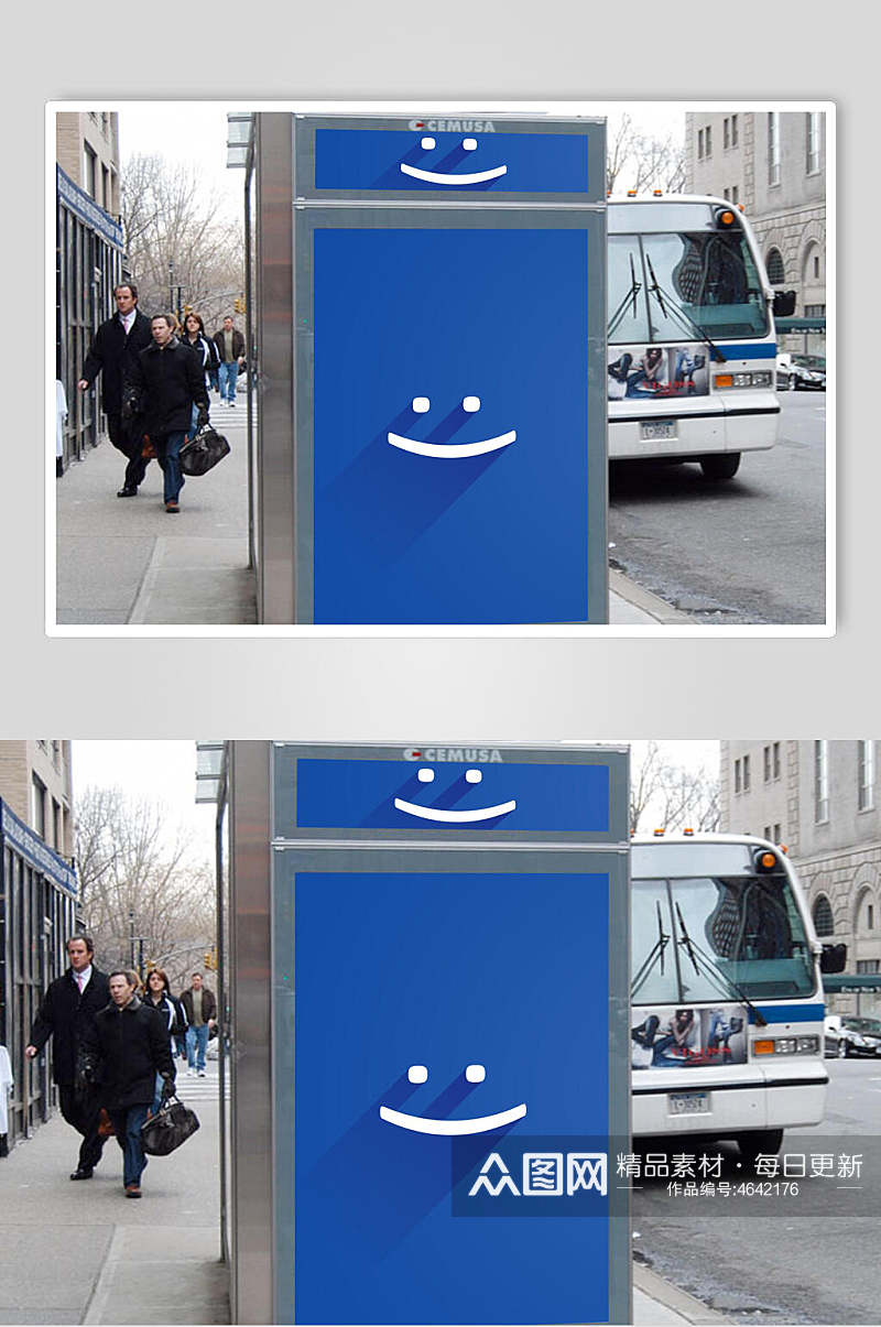 站台室外竖版蓝色笑脸灯箱海报样机素材