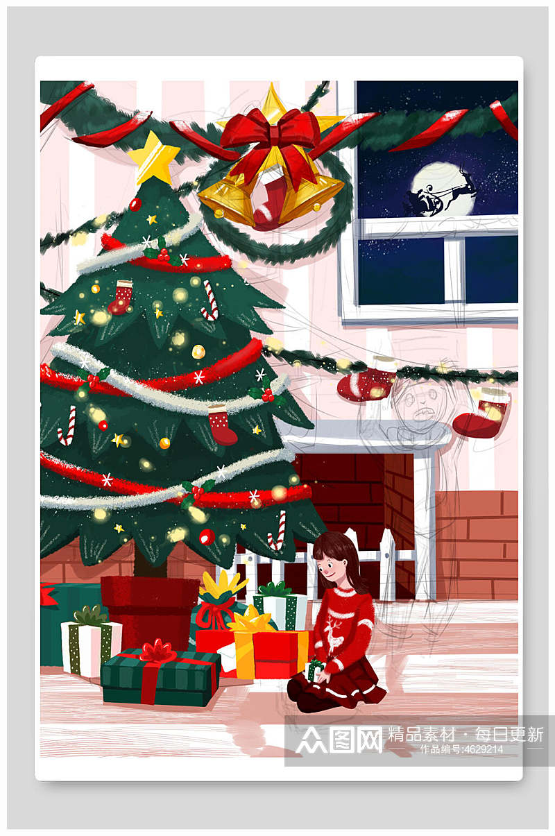 圣诞树冬季唯美插画素材