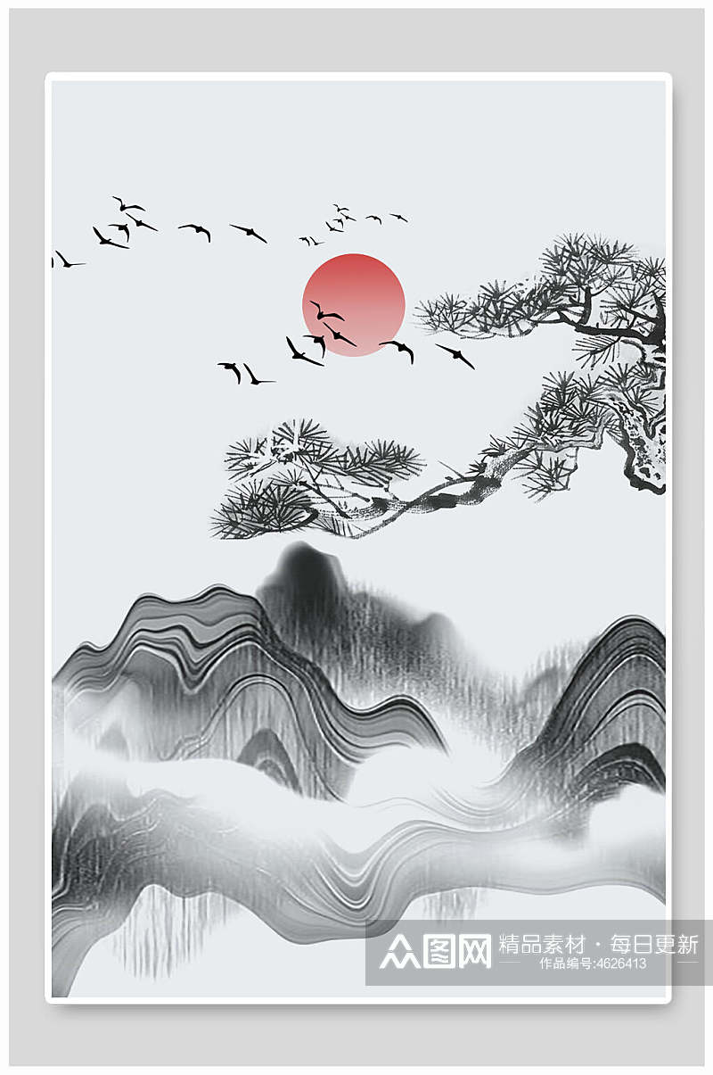 黑白中国山水插画素材