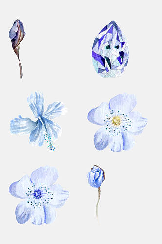 蓝色水彩花叶免抠素材