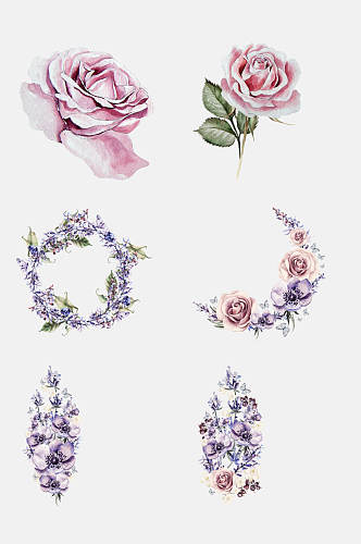 粉紫色水彩花叶免抠设计素材