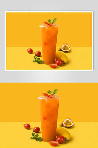 芒果百香果圣女果果汁水果饮品摄影图