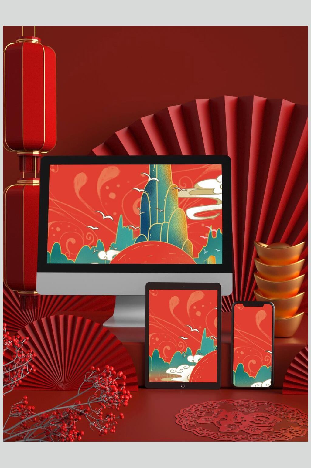 红色剪纸高档新年包装VI样机素材