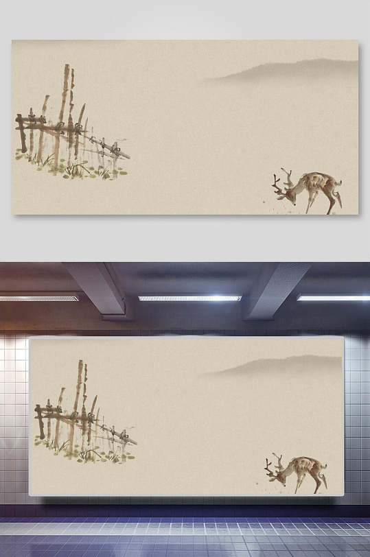 创意中国风麋鹿工笔画背景素材