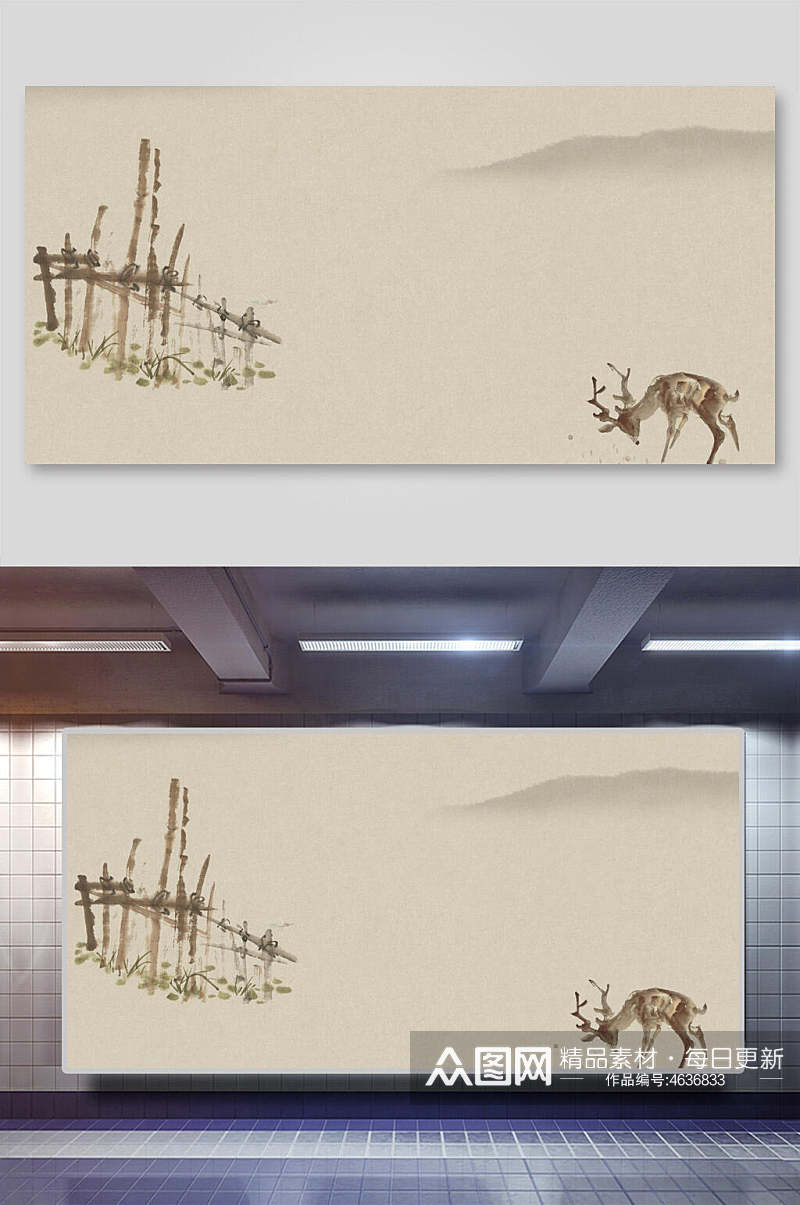 创意中国风麋鹿工笔画背景素材素材