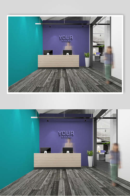 柜台电脑青色紫色墙面海报样机