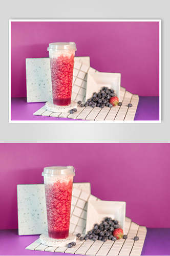 鲜榨草莓奶盖芝士蓝莓摄影图