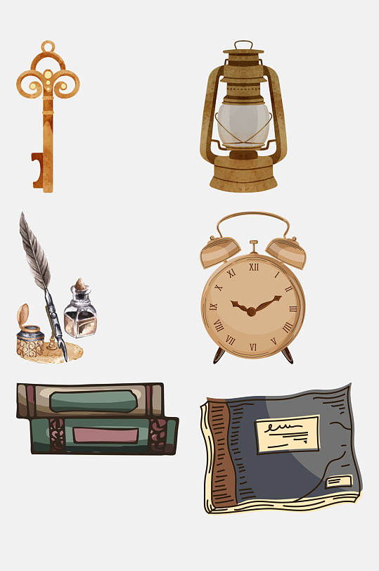 钥匙马灯闹钟古董老物件免抠素材
