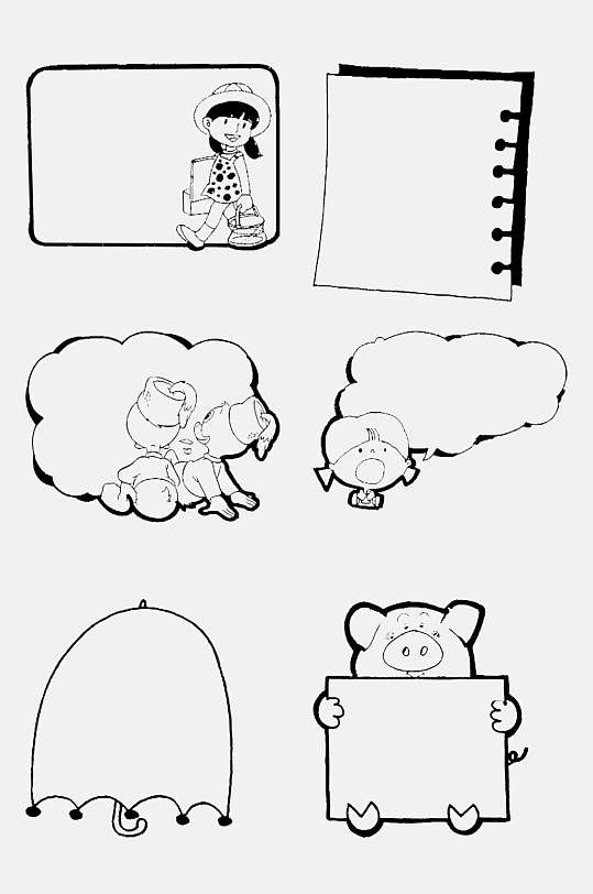 手绘动物黑白文本框免抠素材