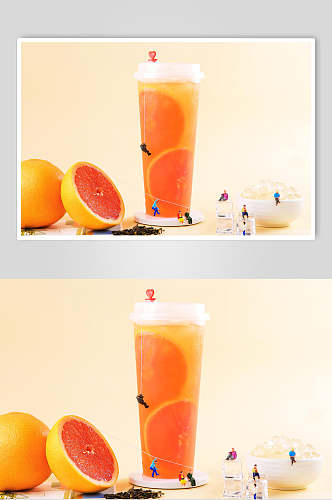 卡通创意橙汁西柚寒天冰茶摄影图