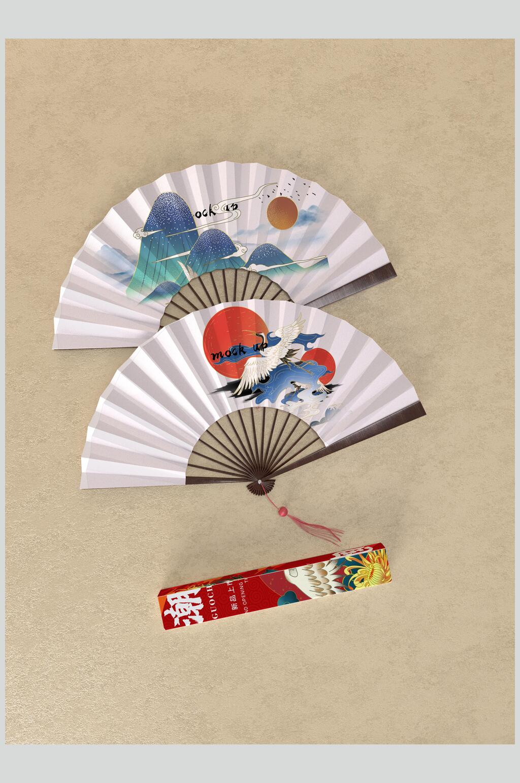简约仙鹤扇子高档新年包装VI样机素材
