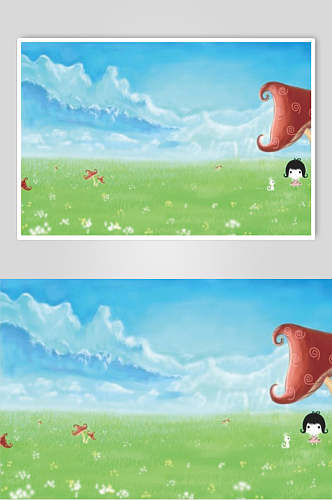 绿草地小女孩蘑菇卡通自然背景图