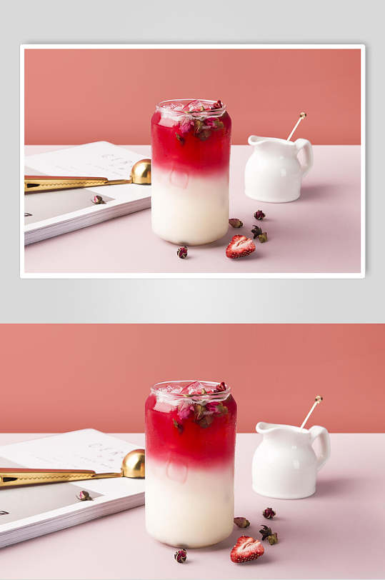 草莓玫瑰花奶茶果茶水果饮品摄影图
