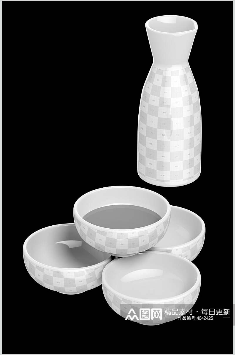 白色方块圆碗酒壶陶瓷水壶碟子样机素材