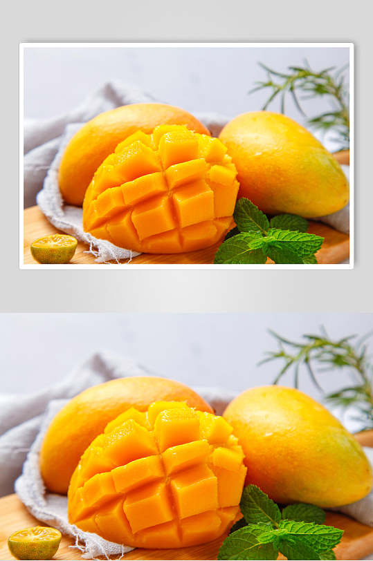 横版芒果水果摆饰摄影图